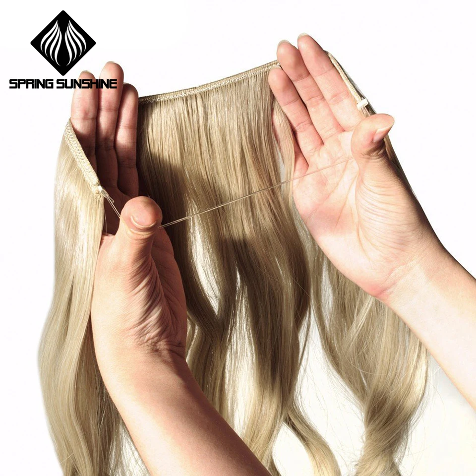 Synthetic Silky Straight Hair Extensions real natural 20 inches Invisible Wire No Clips in Secret Fish Line Hairpieces