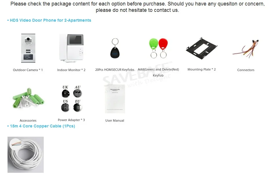 HOMSECUR 4," Проводной Видео и Аудио Домофон-Комплект с RFID-Наружным Блоком для 2 Семей XM404+ XC111-2