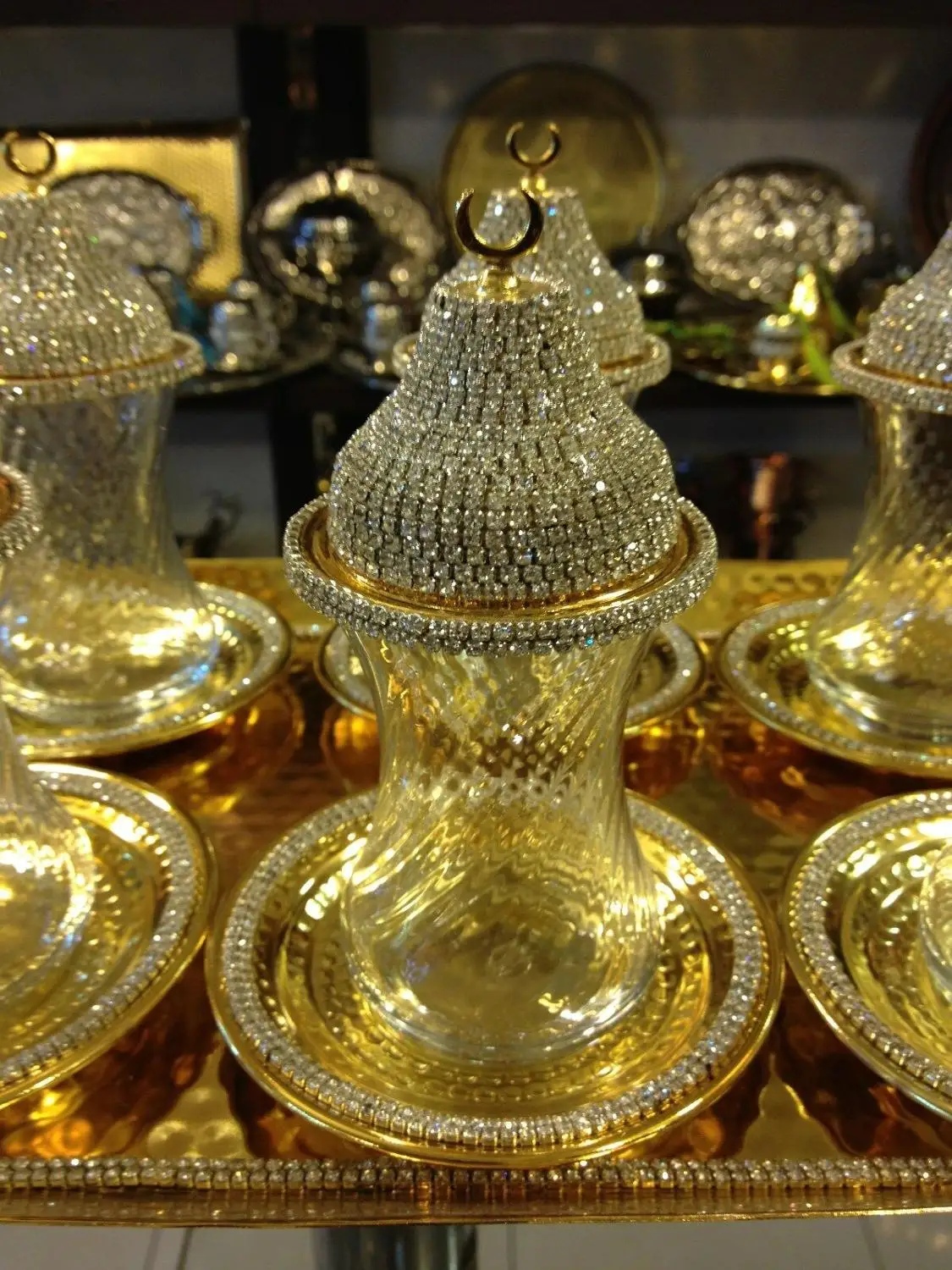 Ручной работы Медь турецкий чай воды земзем Сервировочный набор Swarovski покрытием золотого цвета