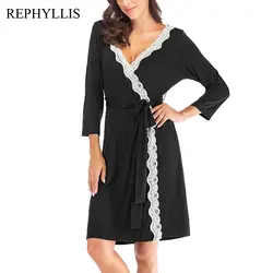 REPHYLLIS для женщин Элегантный V средства ухода за кожей Шеи 3/4 рукав цветочный кружево с поясом модал пижамы халат ночная рубашк