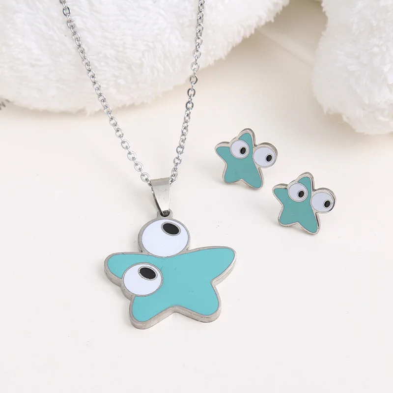 

Gold Silver Blue Pink Enamel Colors Cute Star eyes bear style Women Party Gift Necklace and earrings Stainless Jewelry set