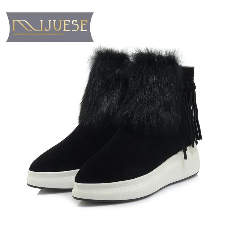 

MLJUESE 2019 women ankle boots Cow Suede+ Rabbit hair black color pointed toe fringe flat boots winter short plush snow boots