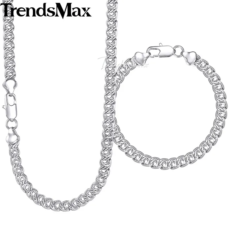 Trendsmax Jewelry Set Snail Link Men's Women's Necklace Bracelet White Gold Filled Chain 7mm KGS270