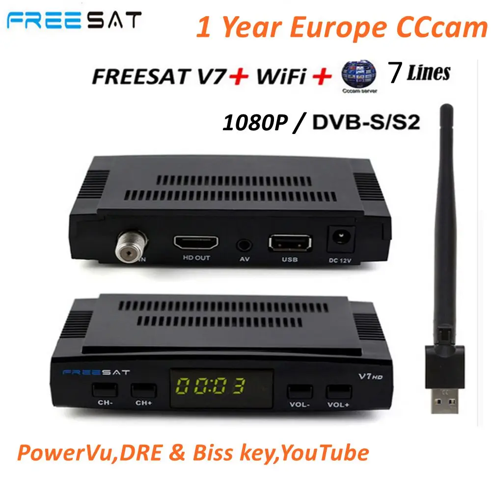 

Satellite Receiver Freesat V7 HD with USB Wifi DVB-S2 Receptor 1 Year Europe Spain Cccam 7 Clines Optional PK Freesat V8 Super