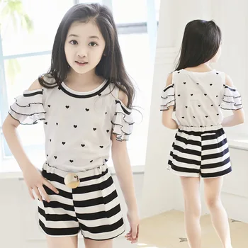 

2017 new summer style fashion Stripe dot Baby girls brand t-shirts & shorts casual clothes hip hop suits Kids clothing sets