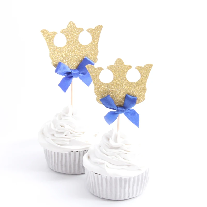 

10pcs/lot Prince Crown Blue ribbon Cake Topper wedding Party Supplies Kids Birthday Party cake Decorations Cupcake topper