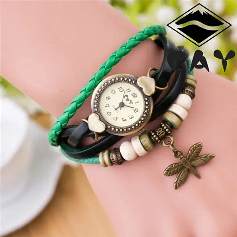 Women watches bracelet watch ladies Antique Dragonfly Leather Band Analog Quartz Round Wrist Watch clock relogio feminino Y31 (5)