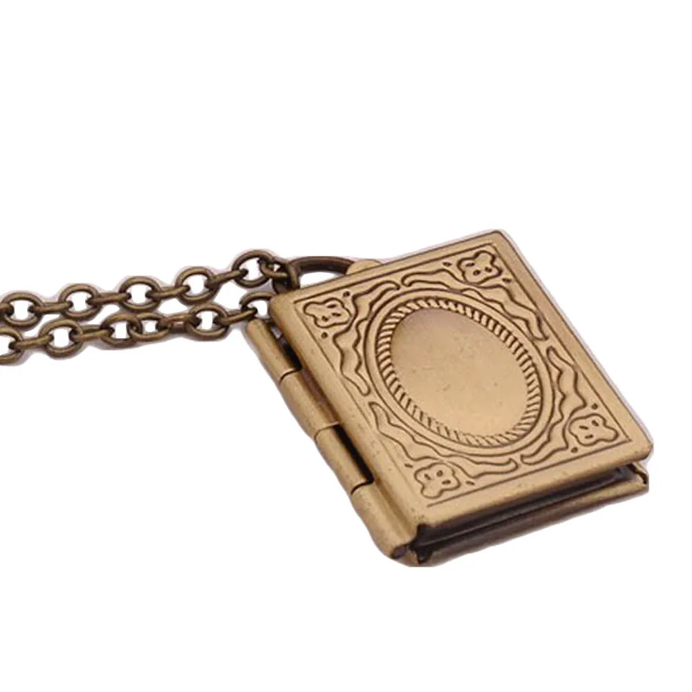 

Fashion Carved Vintage Style Delicate Imitation Book Locket Necklace Secret Hiding Place Photo Locket Necklace Photos Box
