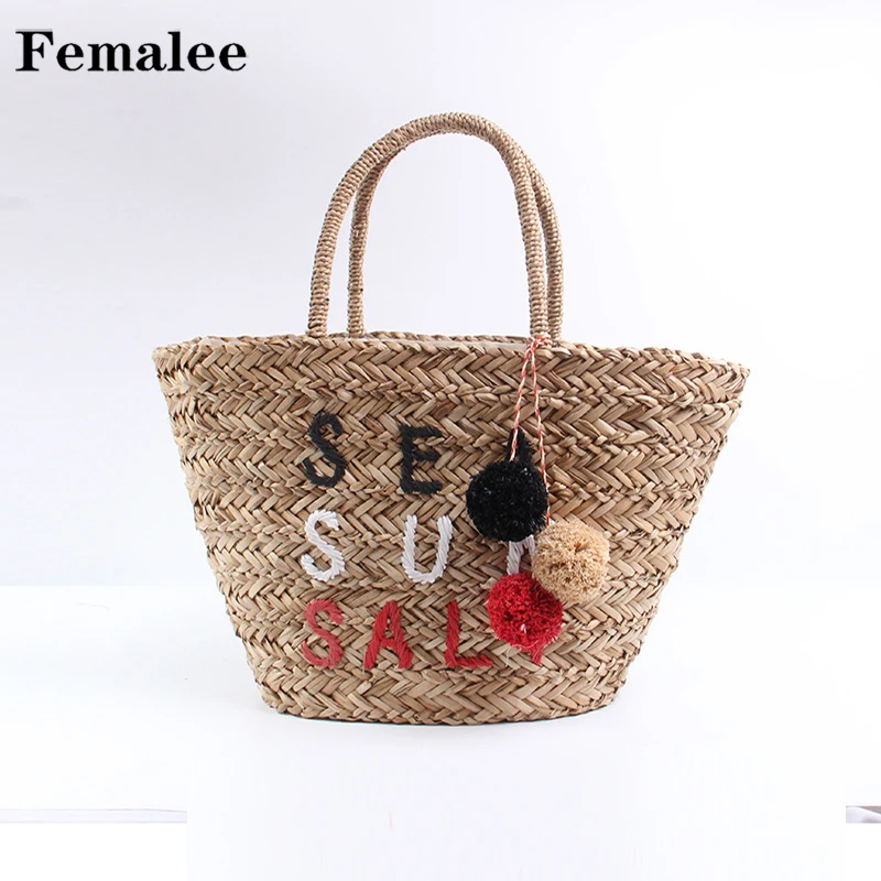 

FEMALEE Colour Pompom Ball Women Beach Straw Bag Large Basket Sundry Letter Shoulder Bags 2018 Summer New Rattan Casual Handbags