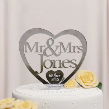 

Heart Cake Decoration Custom Name and Date Cake Topper for Wedding Engagement Party Decor Acrylic Mirror Gold Silver Cake Stand