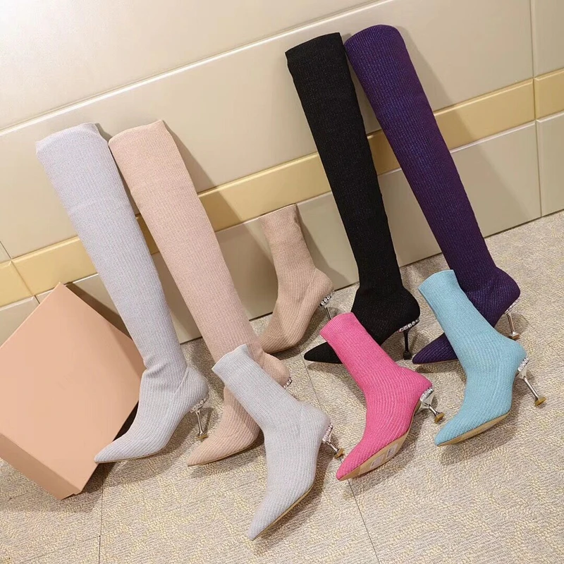 

New Fashion Cotton Fabric knitting Socks Long Boots Pointed Toe Slip On Stiletto High Heels Pumps Runway Party Dress Shoes Woman