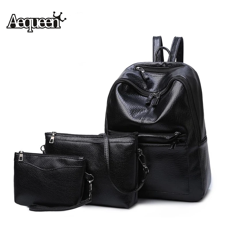 AEQUEEN Women Travel Backpacks School Girls Shoulder Bag Black Leather 3Pcs Ladies Bags big girl Student Bookbags bookbags-for-girls