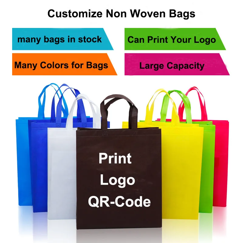 Оптовые продажи 500 шт/партия Заказные экологически чистые многоразовые для бакалейный продуктов рекламные черные PP Нетканые хозяйственные сумки для одежды/подарков/волос