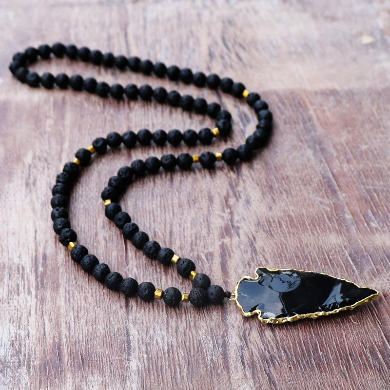 Дизайн для мужчин и женщин черный камень из натуральной лавы бусины с обсидиан подвеска в форме стрелы Mala ожерелье