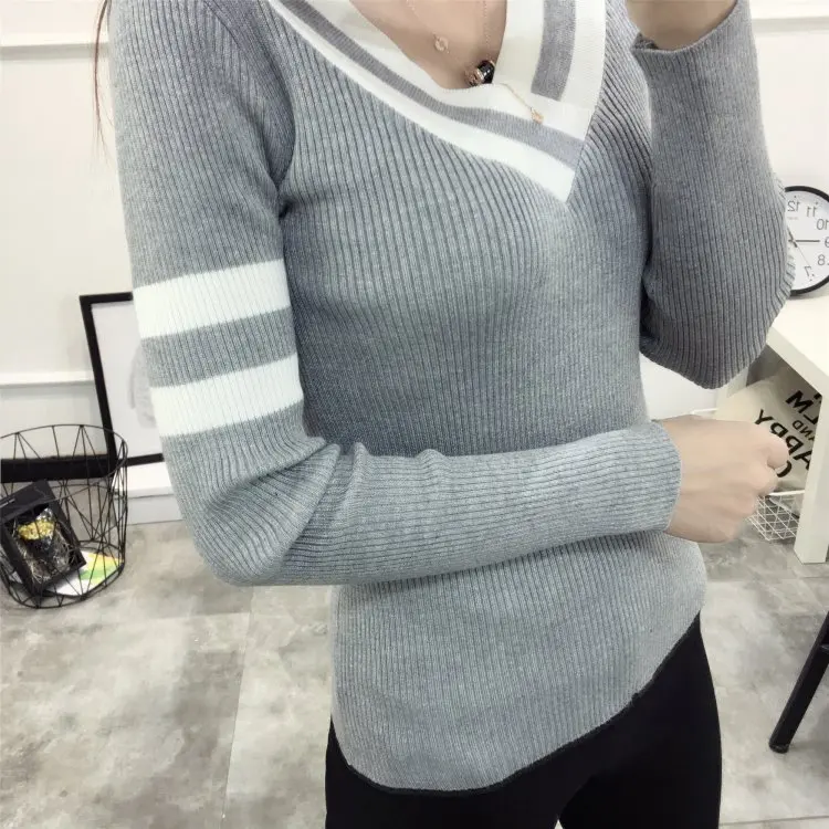 New Autumn Winter Woman's Sweater Bottoming Pullovers Slim Sweaters V Neck Sexy Long Sleeves Sweaters Black white Striped