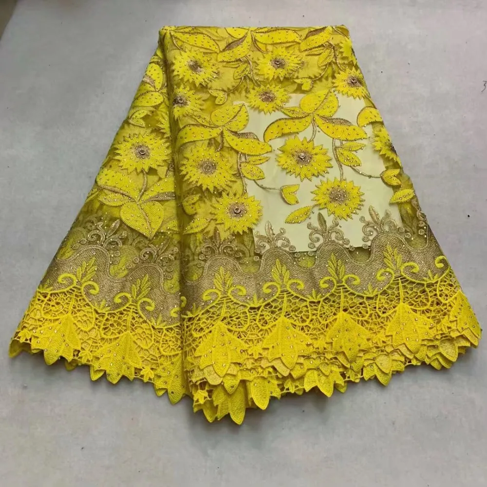 

Factory Price Yellow colors Beads French Net Lace Fabric Embroidery Tulle Lace Material For Wedding or Party