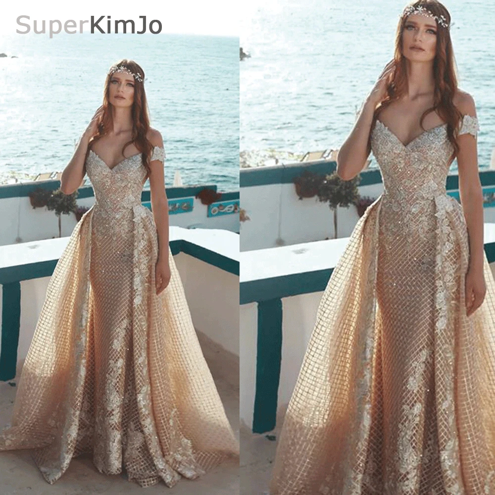 

new arrival evening dresses v neck off the shoulder sequins lace appliques detachable train evening gowns prom dresses arabic
