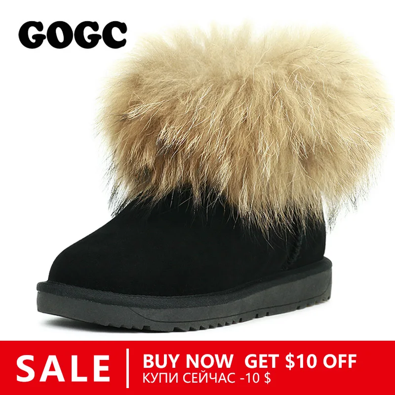 

GOGC Fox Fur Women's Winter Boots Genuine Leather Women's Winter Shoes Ankle Boots Breathable Women's Boots Female Footwear 9753