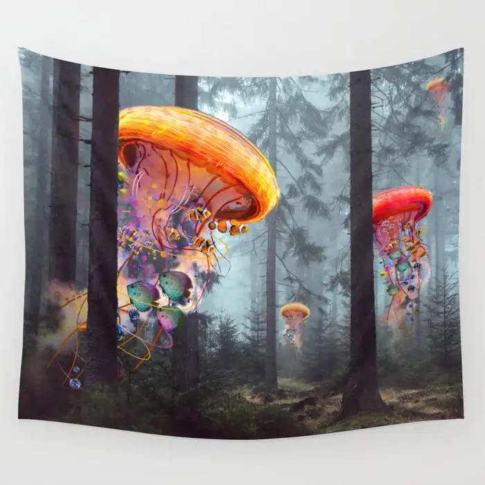 

imandale Winter Forest Jellyfish Hippie Tapestry Wall Hanging Thicken Tapestries Jellyfish Pattern Wall Art Christmas Home Decor