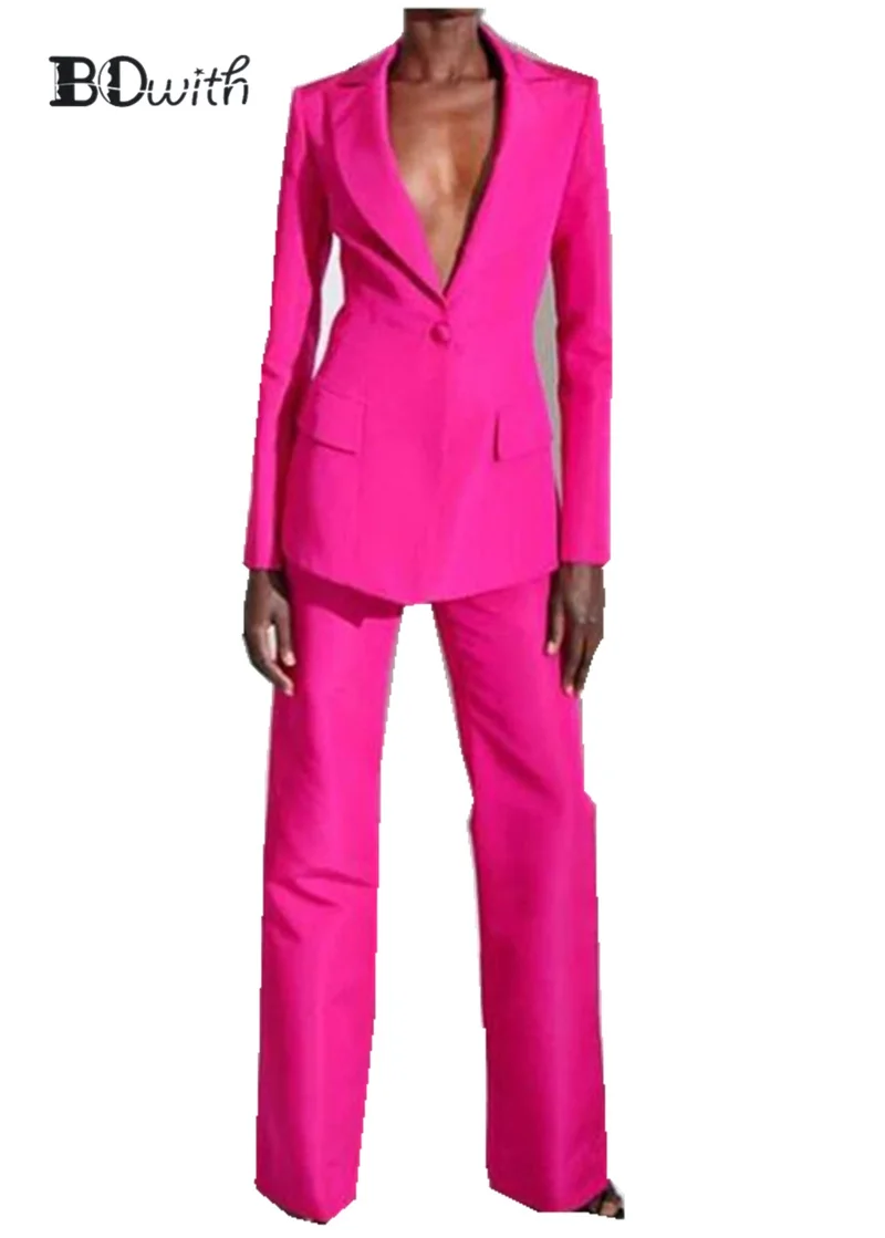 

High Quality Fuchia Women Pantsuits Work Pant Suits OL 2 Piece Sets Women Blazer(Jacket+Pant Suit)For Women Set Party