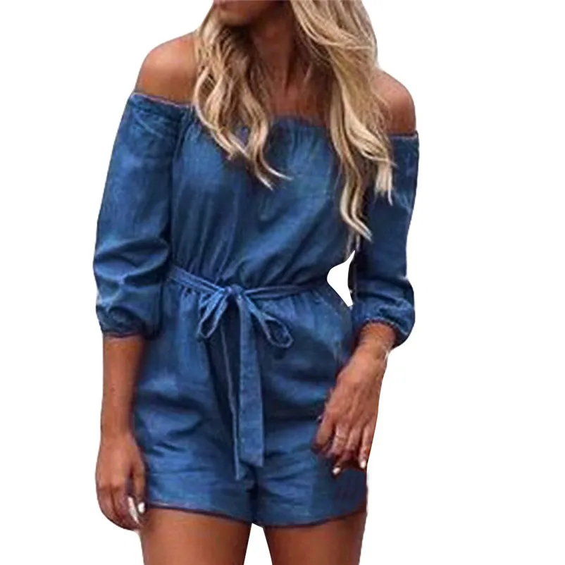 Fashion summer jumpsuit woman 2018 Solid Strapless Short Jeans Trousers Casual Jumpsuit Playsuits pantaloni siamesi A02#N (6)