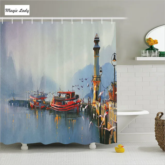 Us 31 82 Shower Curtains Bathroom Accessories Boats Misty Morning Harbor Bird Old Fishing Town Paint Red Blue 180 200 Cm In Shower Curtains From