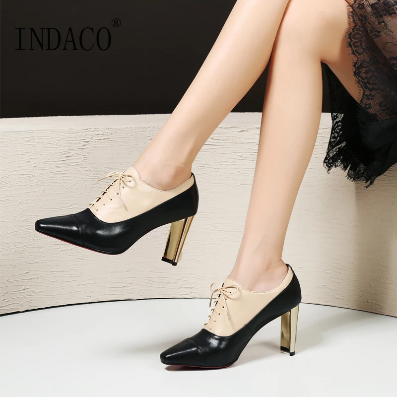 

Black Beige Leather Ankle Boots for Women Gold Heel Lace Up Pointed Toe High Heel Shoes 8cm