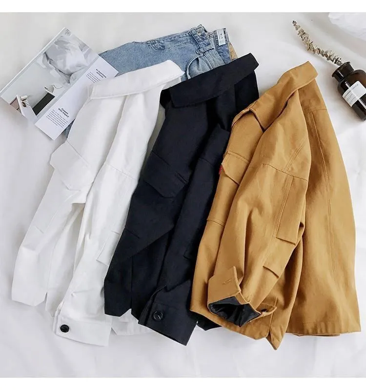 Obrix Female Autumn Spring Loose Casual Style Jacket Square Collar V-Neck Full Sleeve Buttons Pockets Streetwear Jacket