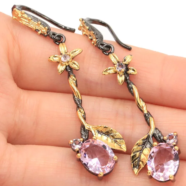 

Sublime Antique Vintage Pink Kunzite Flower Woman's Gift 925 Silver Earrings 56x15mm