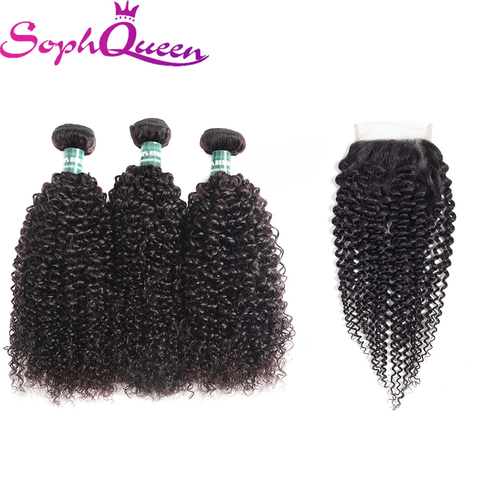 Soph Queen Hair Bundles With Closure Malaysia Kinky Curly Remy Human Hair 3 Bundles With Closure Hair Extensions Natural Color