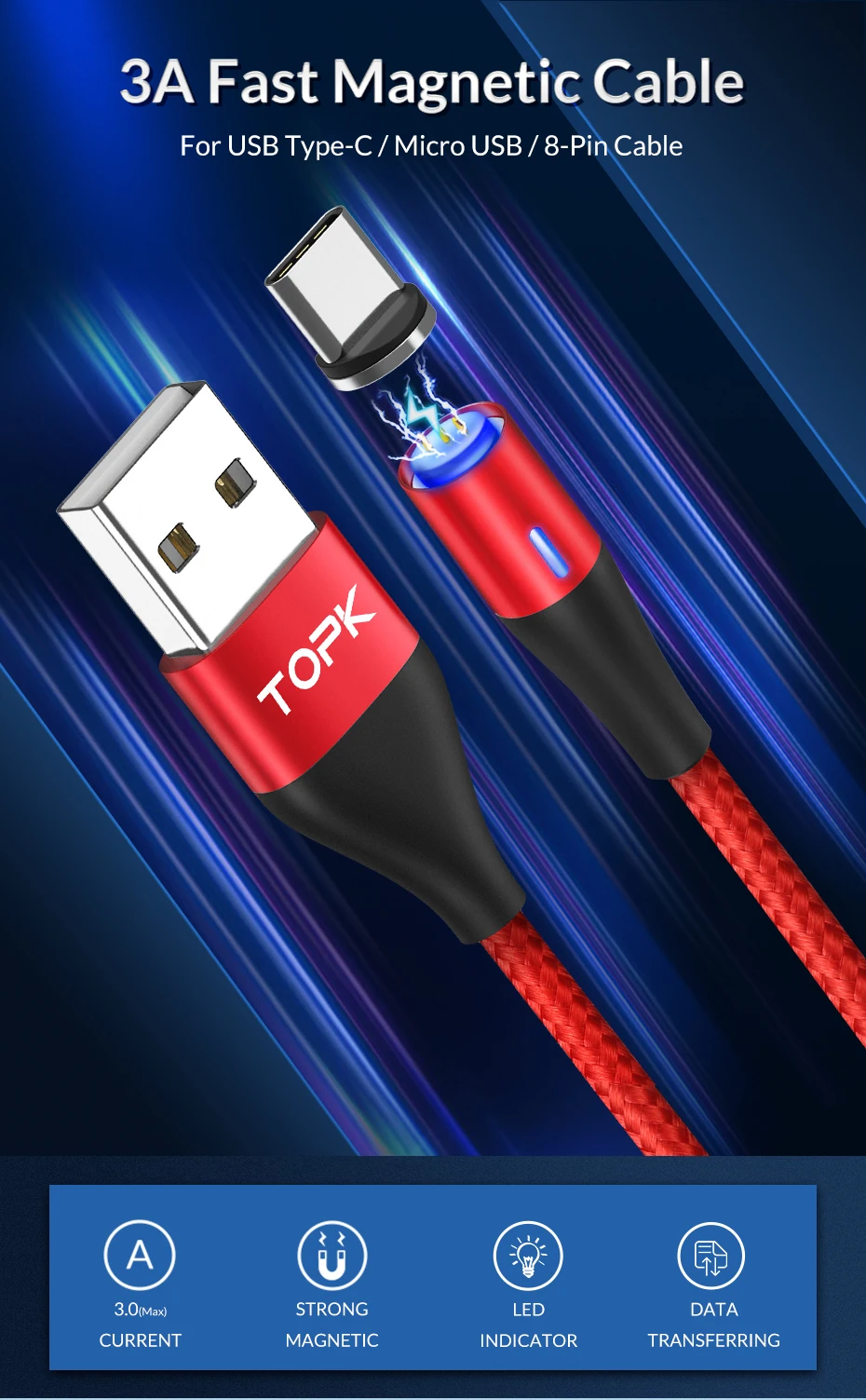 TOPK 1 м QC3.0 USB Магнитный кабель для быстрой зарядки для iPhone Max 8 7 6 Plus samsung Xiaomi huawei Micro usb type C USB кабель для передачи данных