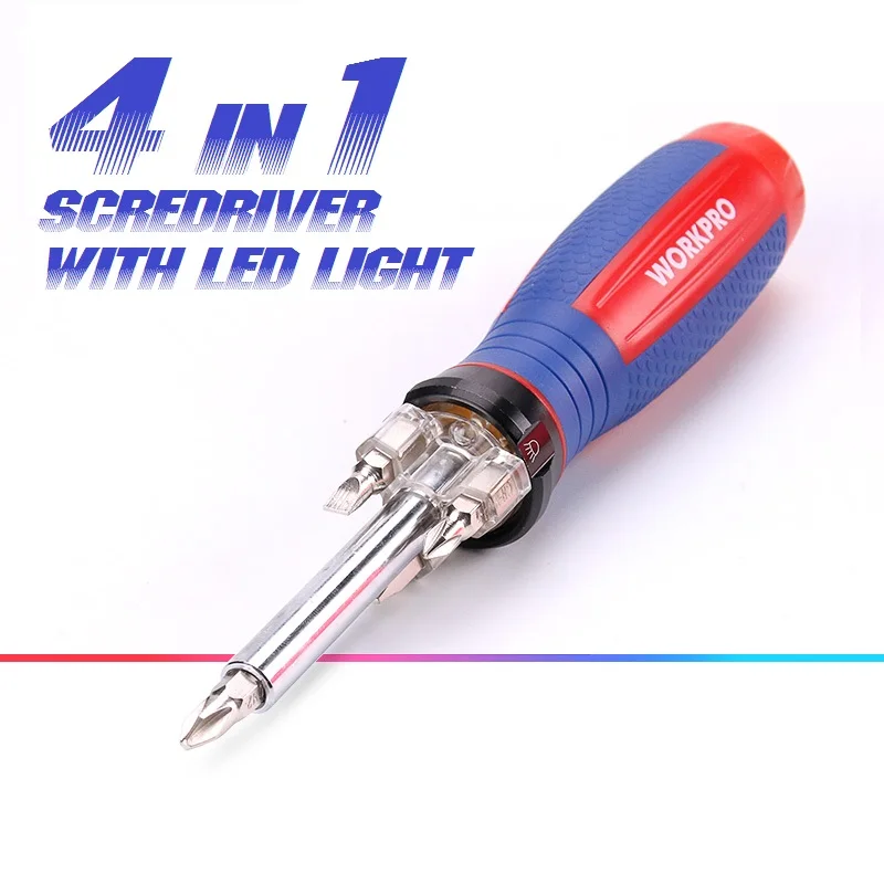 

WORKPRO 4-in-1 Screwdriver Set with LED Flashlight Lighted Up Screwdriver WORK in Dark Place New Design