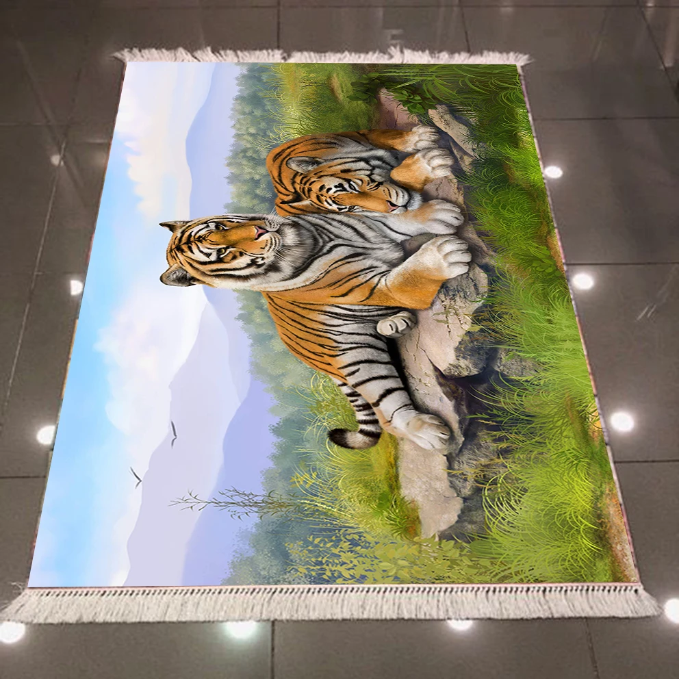 

Else Green Grass Stone Tigers Animal Floral 3d Pattern Microfiber Anti Slip Back Washable Decorative Kilim Area Rug Carpet