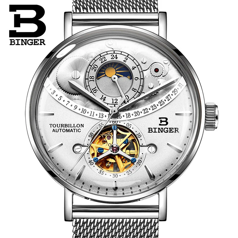 Швейцарские автоматические часы для мужчин Бингер Скелет Механические Мужские часы полная сталь сапфир Relogio Masculino водонепроницаемый синий - Цвет: Steel White