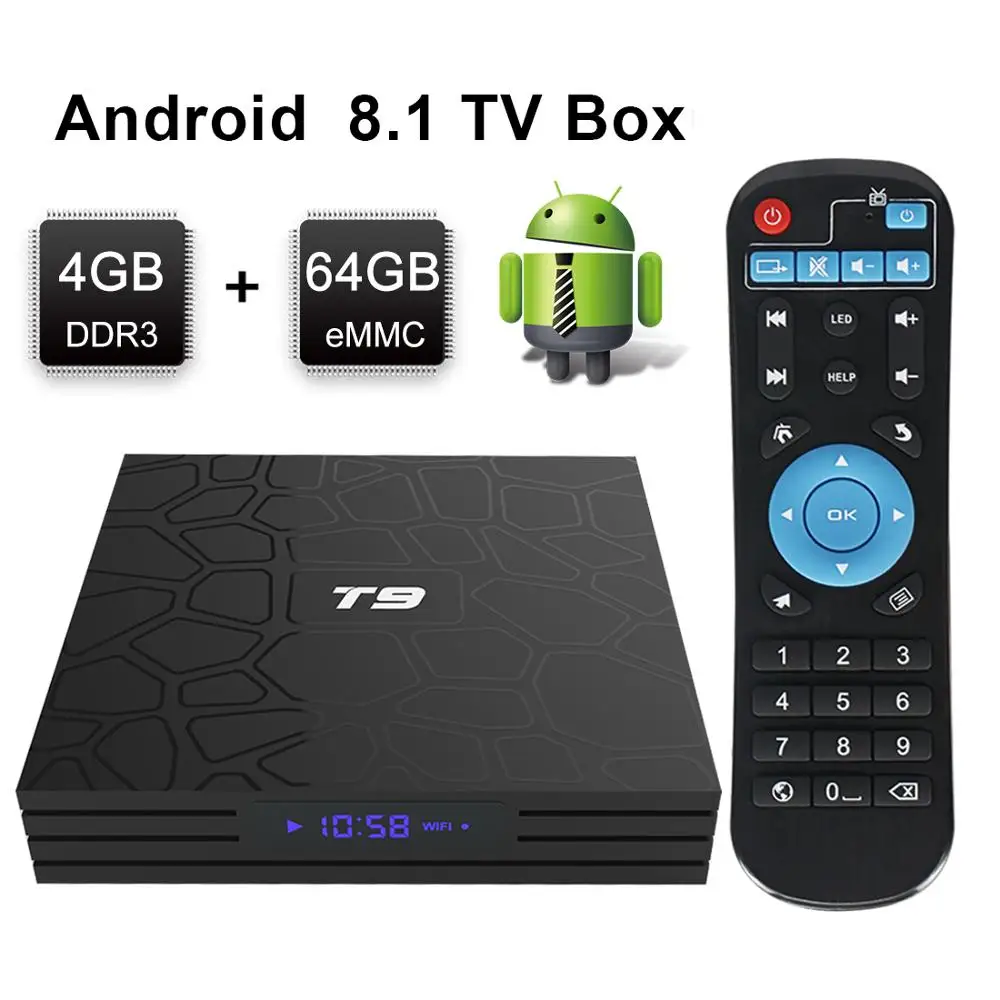 

T9 TV Box android 8.1 RK3328 4GB DDR3 32GB/64GB EMMC 2.4GHz WiFi BT4.0 Support 4K H.265 Bluetooth 4.0 media player