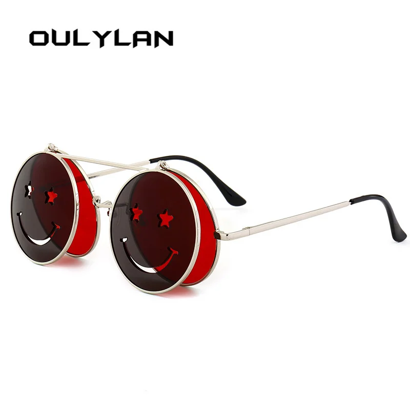 

Oulylan Steampunk Sunglasses Men Women Metal Eyeglasses Round Smiley Design Retro Steam Punk Clamshell Sun Glasses UV400