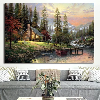 

Bob Ross Creates A Giant Mountain Cabin Thomas Kinkade Poster Painting on Canvas Bedroom Wall Art Decoration Pictures Home Decor