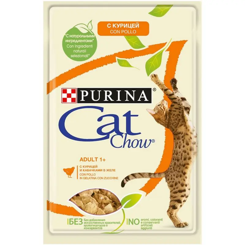 Cat Chow Adult пауч для взрослых кошек кусочки в желе, Курица и кабачок,(0,085 кг* 24 шт