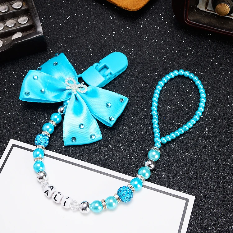 

MIYOCAR Any name Bling silver rhinestone bow pink and sliver beads dummy clip holder pacifier clips holder/Teethers clip