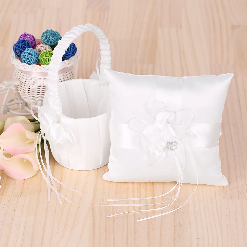 

Ring pillow and Flower Basket 7X7 inches Ivory White Satin Flower Bowknot Ring Bearer Pillow and Wedding Flower Girl Basket Set