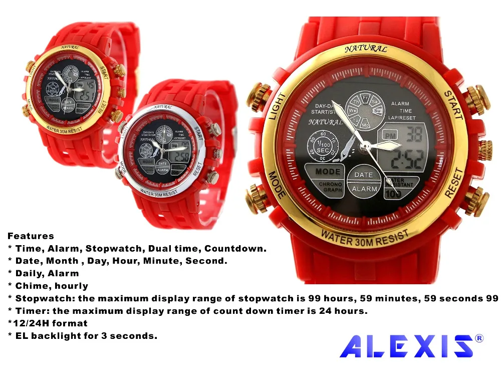 Бренд Alexis Dual Time Smart Red Gold тон элегантная Дата вода сопротивление Gen не аналоговые цифровые часы мужские спортивные часы montre homme