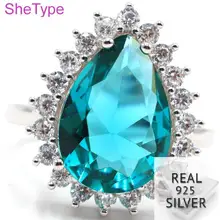 US size 6.75# 4.13g Real 925 Solid Sterling Silver Drop Shape Blue Aquamarine White CZ Ladies Ring 19x16mm linsion handmade 925 sterling silver mens biker rock punk blue cz eyes skull ring ta61 us size 7 15