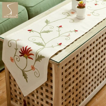 

SewCrane Abstract Floral Red Flowers Green Leaves Embroidered Linen Table Runner, 70.9" x 15.7", Beige