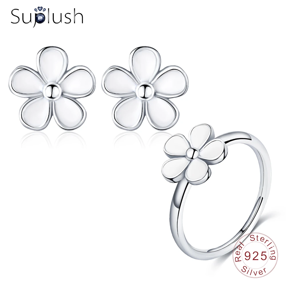 Suplush новый 925 пробы серебро цветок из белой эмали набор украшений для женщин