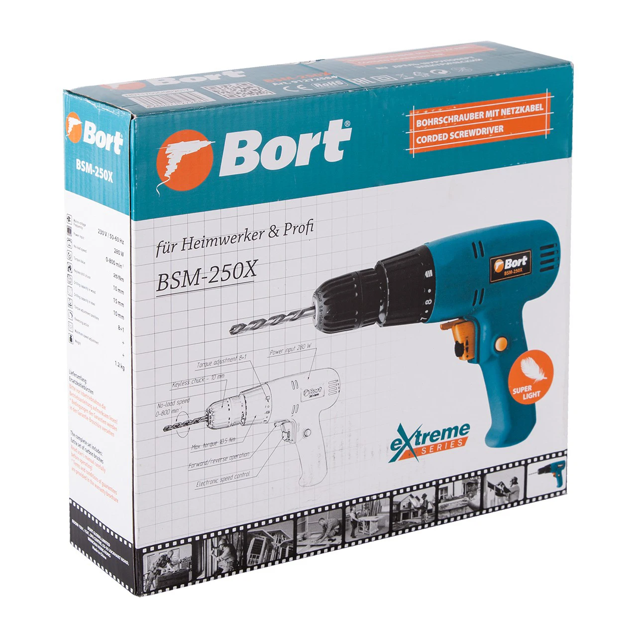 Дрель-шуруповерт электрический Bort BSM-250X (Мощность 280 Вт, скорость вращения 0-800 об/мин, макс.крутящий момент 10.5 Нм, макс.диаметр сверления 15 мм)