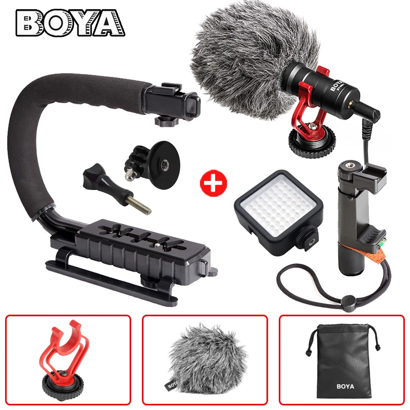 Ручка Rig + микрофон светодиодный свет зажим для iPhone X 8 7 смартфон Gopro Sjcam Canon sony DSLR