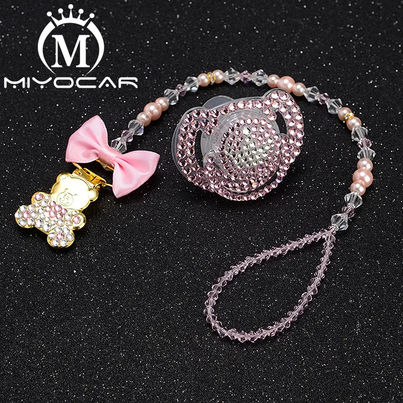 

MIYOCAR bling bear pacifier clip pink bow personalized pacifier holder dummy clii with bling pacifier set unique design SP004