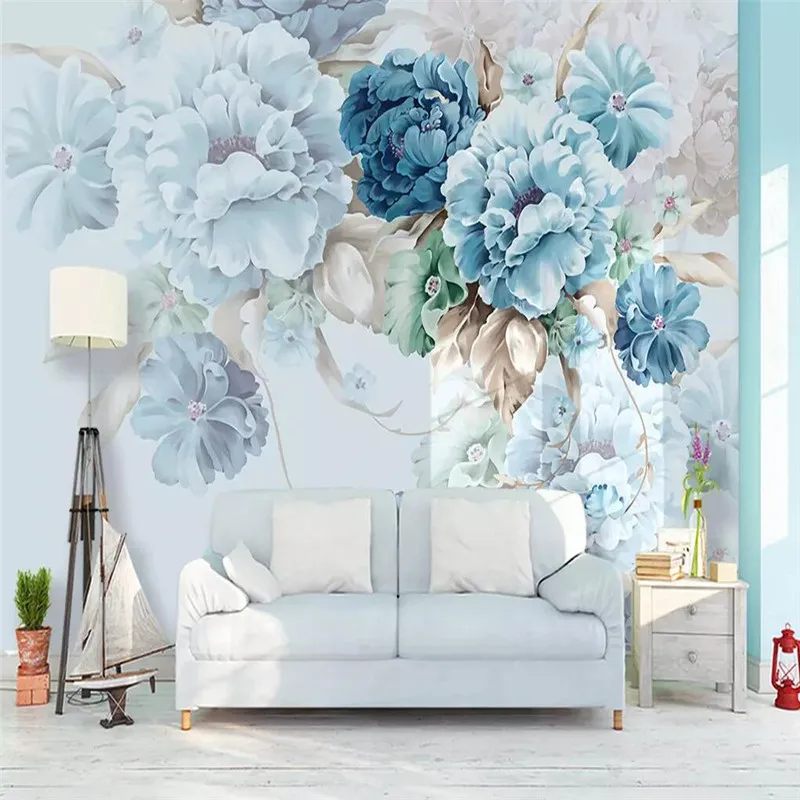 

Nordic fresh hand-painted peony flower garden living room TV background wall custom wallpaper mural