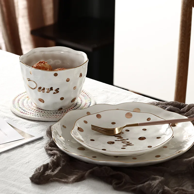 

Golden Speckled White Ceramic Plate Dish Bowl And Saucer Porcelain Dinner Plate Set Round Tableware For Child Party Dinnerware