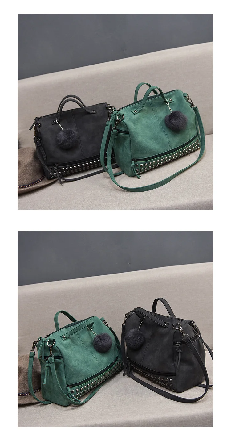 MJ Brand Design Women Handbag Fashion Suede Leather Top-Handle Bags Hair Ball Rivets Shoulder Bag Large Motorcycle Messenger Bag (24)